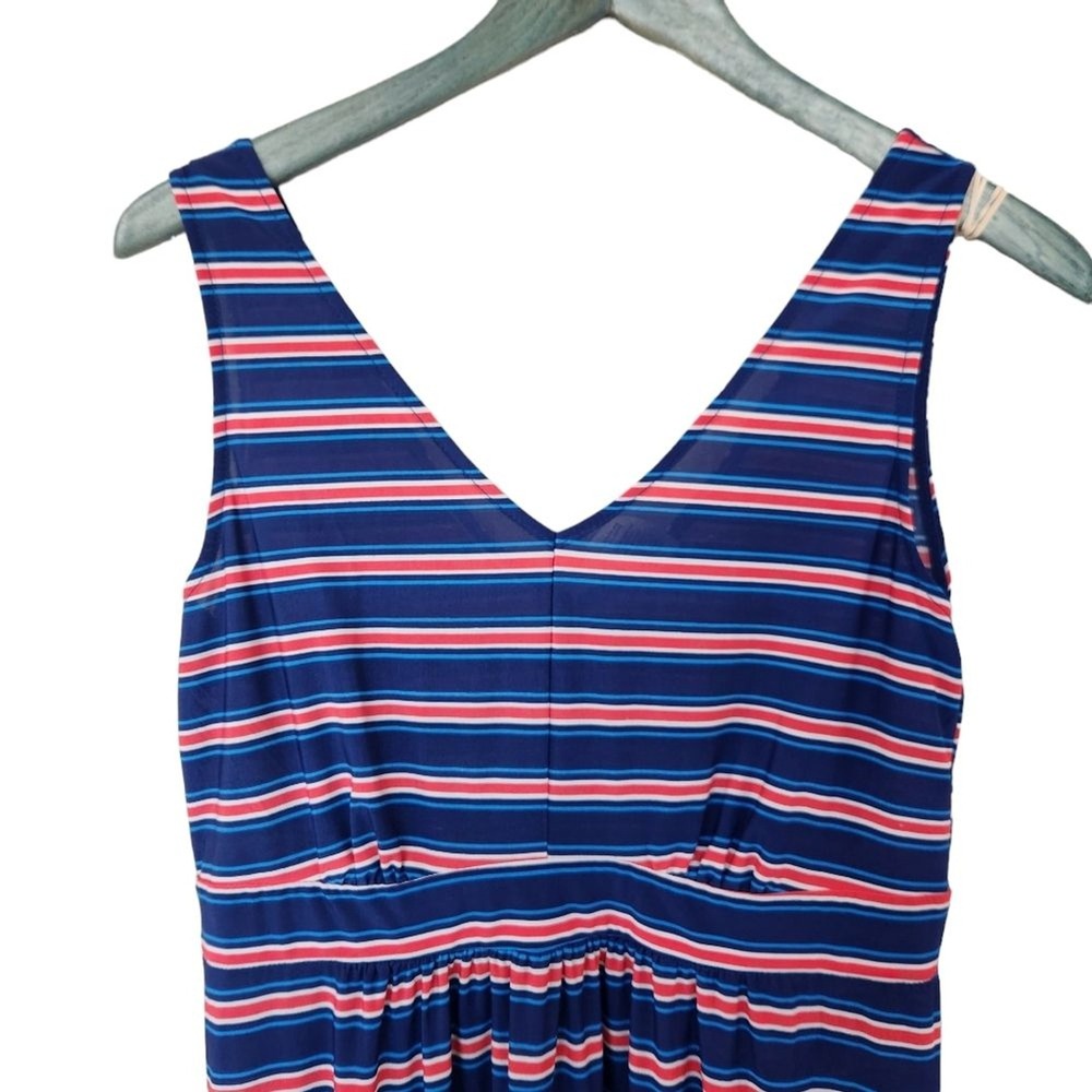 West Loop Womens Navy Blue Red White Striped V-Neck Empire Waist Maxi Dress L
